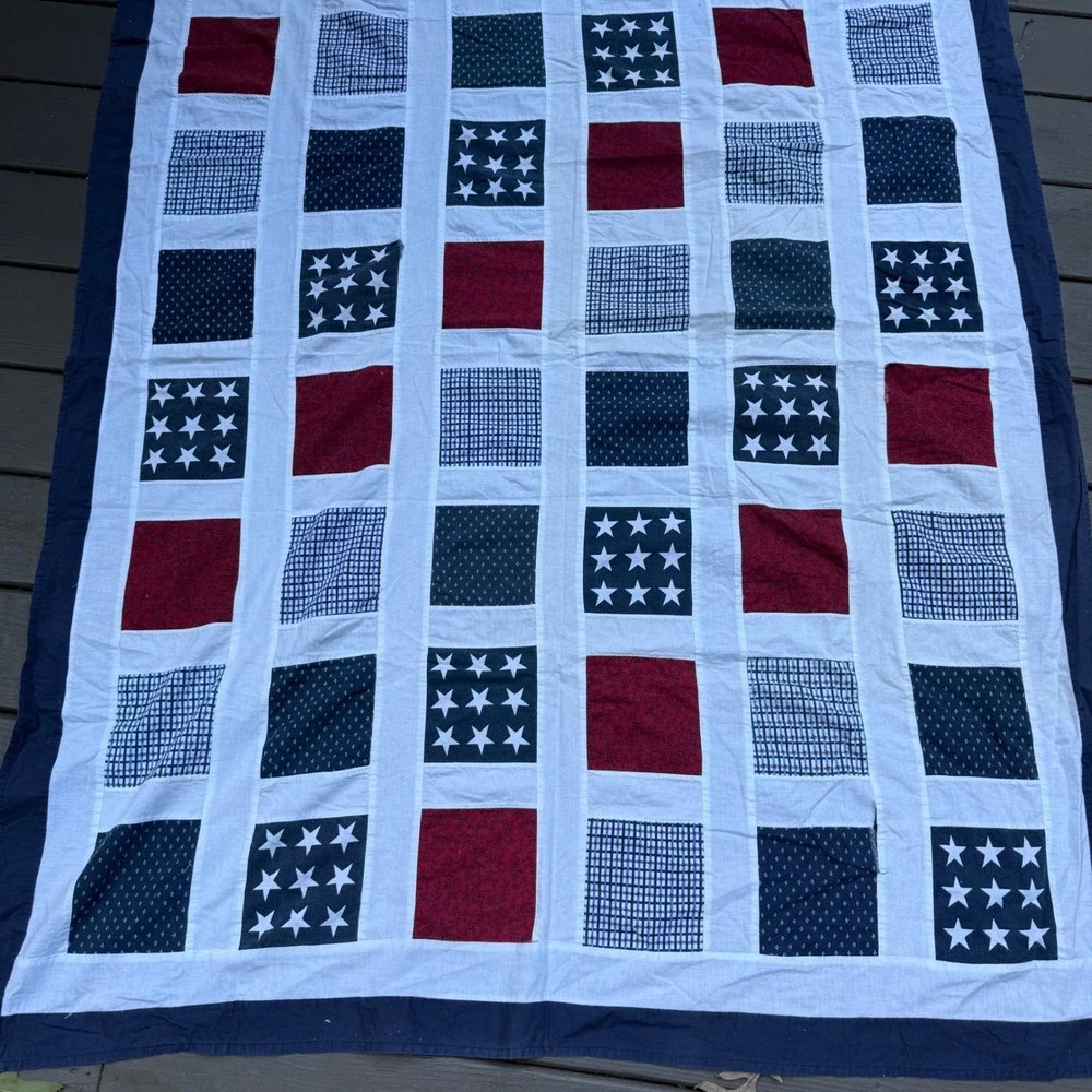 1. Handmade Patriotic Patchwork Quilt Top 70.5x54 Red White Blue Stars Americana